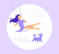 Vector illustration with young smiling girl swing on a swing on nature
